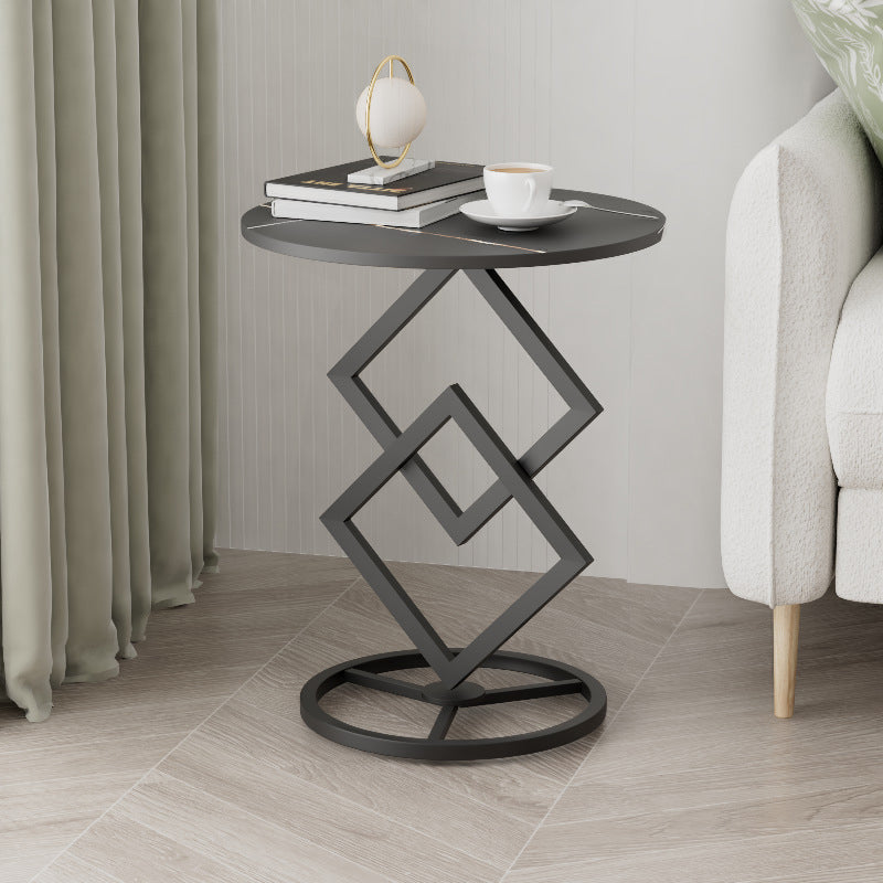 Mesa auxiliar de combinación moderna minimalista con base de diamante, losa redonda de roca y estructura de metal para sala de estar 