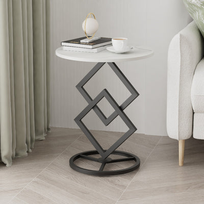 Mesa auxiliar de combinación moderna minimalista con base de diamante, losa redonda de roca y estructura de metal para sala de estar 