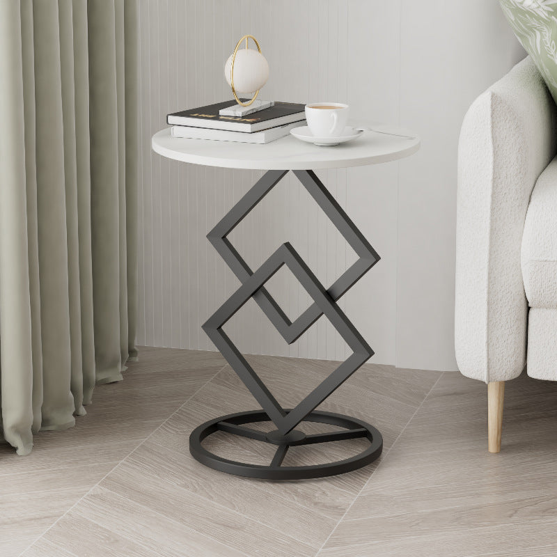 Mesa auxiliar de combinación moderna minimalista con base de diamante, losa redonda de roca y estructura de metal para sala de estar 