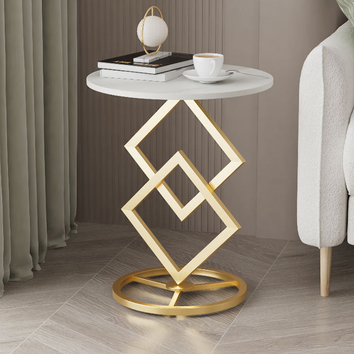Mesa auxiliar de combinación moderna minimalista con base de diamante, losa redonda de roca y estructura de metal para sala de estar 