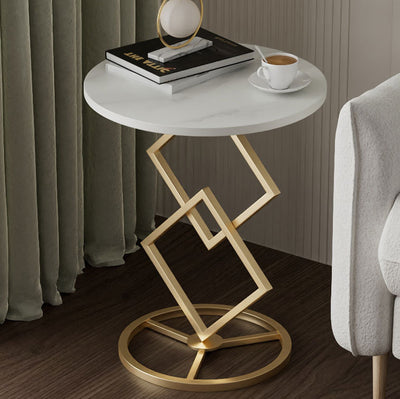Mesa auxiliar de combinación moderna minimalista con base de diamante, losa redonda de roca y estructura de metal para sala de estar 