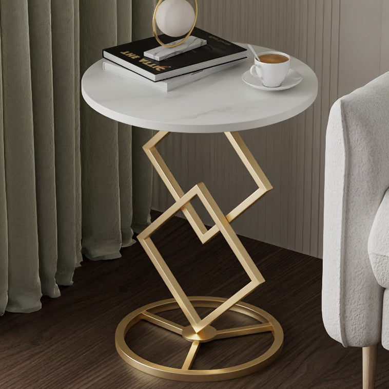 Mesa auxiliar de combinación moderna minimalista con base de diamante, losa redonda de roca y estructura de metal para sala de estar 