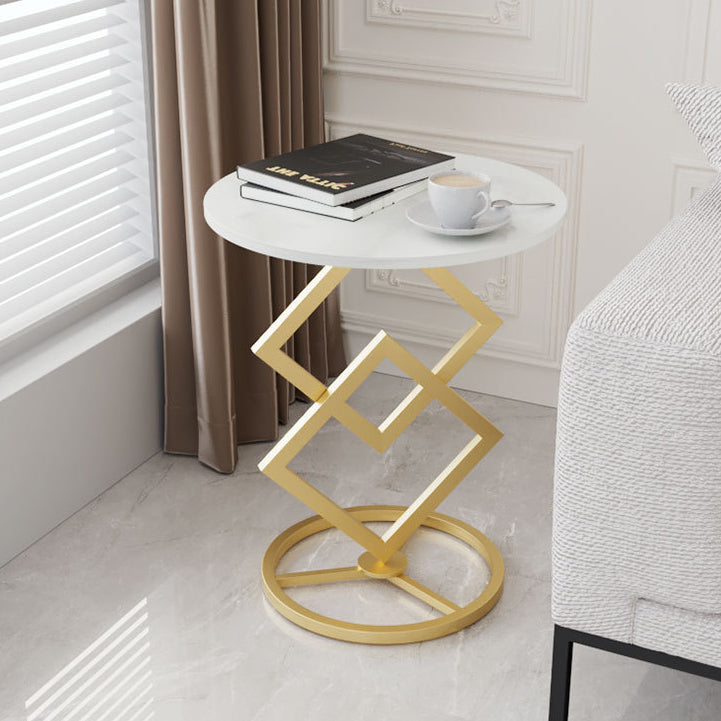 Mesa auxiliar de combinación moderna minimalista con base de diamante, losa redonda de roca y estructura de metal para sala de estar 