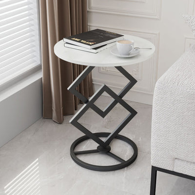 Mesa auxiliar de combinación moderna minimalista con base de diamante, losa redonda de roca y estructura de metal para sala de estar 