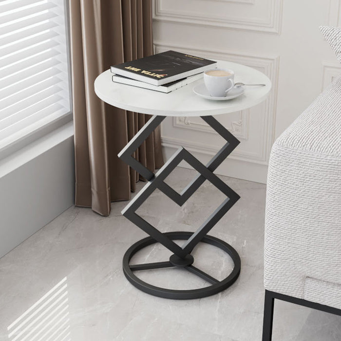 Mesa auxiliar de combinación moderna minimalista con base de diamante, losa redonda de roca y estructura de metal para sala de estar 