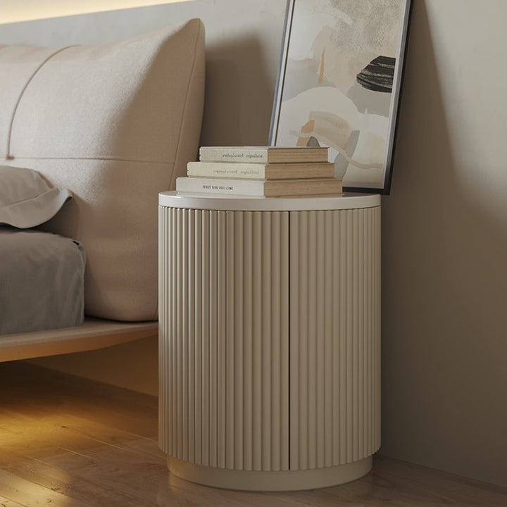 Modern Minimalist Cylinder Stripe Stone Slab Carbon Steel Metal Nightstand 1-Cabinet For Bedroom