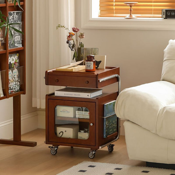 Modern Mid-Century Rectangular Robot Shape Pine Wood Glass Stainless Steel Nightstand 1-Cabinet For Bedroom