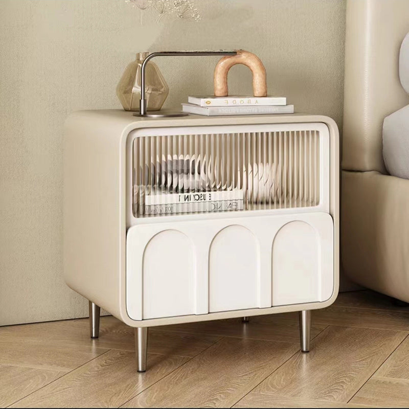 Modern Minimalist Rectangular Glass Solid Wood Panel Nightstand 2-Drawer For Bedroom