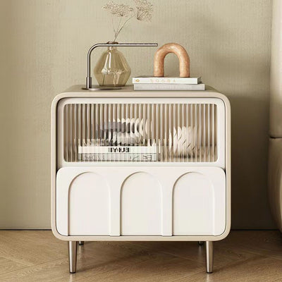 Modern Minimalist Rectangular Glass Solid Wood Panel Nightstand 2-Drawer For Bedroom