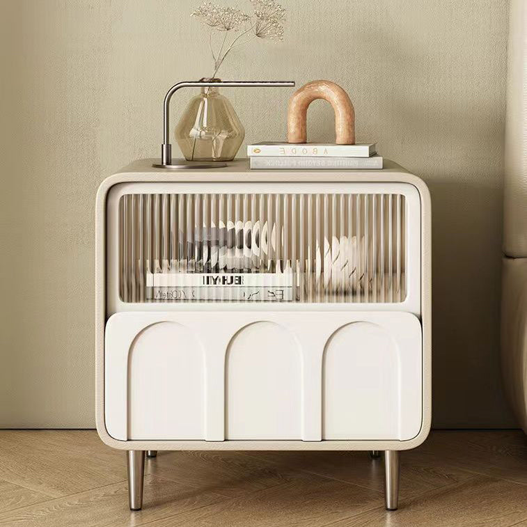 Modern Minimalist Rectangular Glass Solid Wood Panel Nightstand 2-Drawer For Bedroom