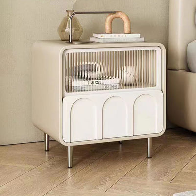 Modern Minimalist Rectangular Glass Solid Wood Panel Nightstand 2-Drawer For Bedroom