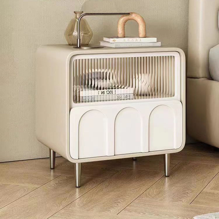 Modern Minimalist Rectangular Glass Solid Wood Panel Nightstand 2-Drawer For Bedroom