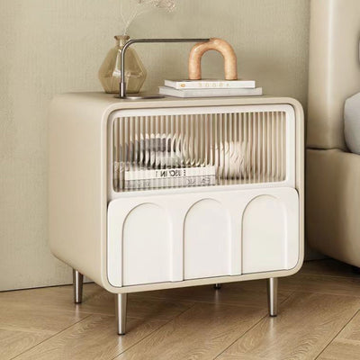 Modern Minimalist Rectangular Glass Solid Wood Panel Nightstand 2-Drawer For Bedroom