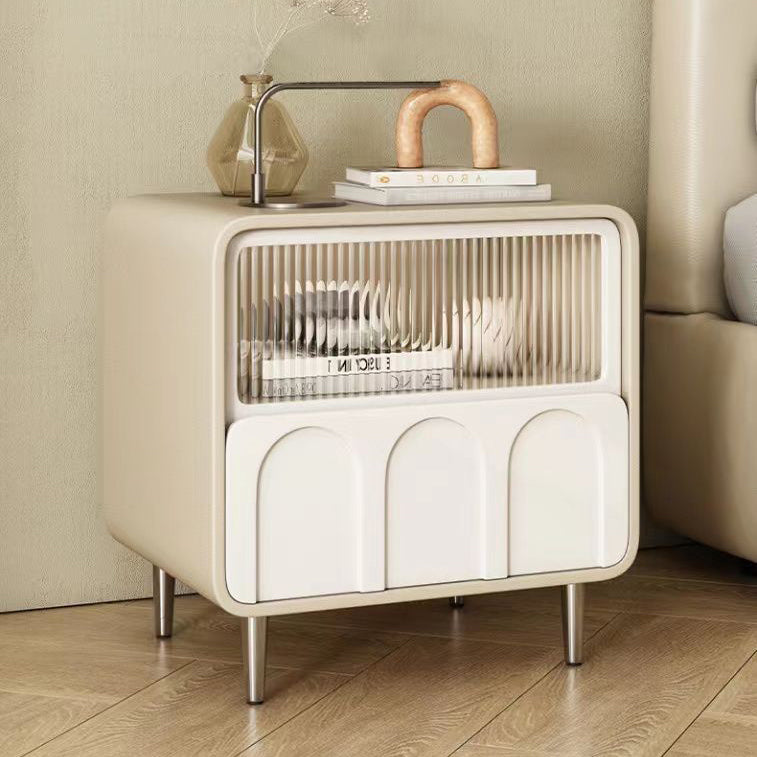 Modern Minimalist Rectangular Glass Solid Wood Panel Nightstand 2-Drawer For Bedroom