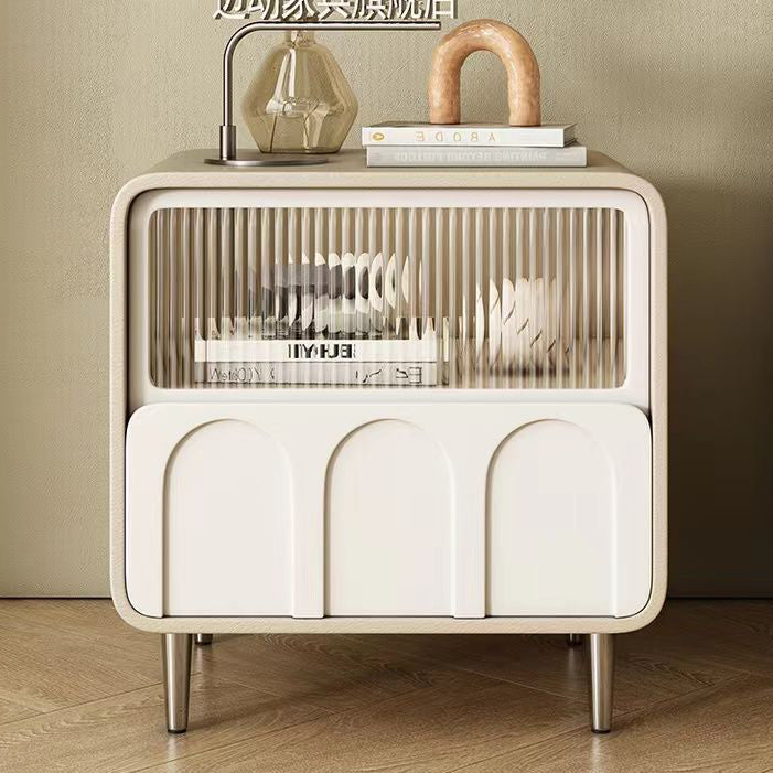Modern Minimalist Rectangular Glass Solid Wood Panel Nightstand 2-Drawer For Bedroom