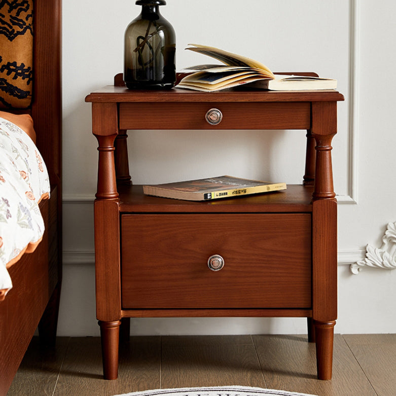 Table de nuit rectangulaire traditionnelle en bois de frêne français à 2 tiroirs et 2 niveaux pour chambre 
