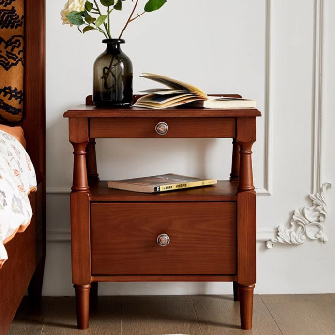 Table de nuit rectangulaire traditionnelle en bois de frêne français à 2 tiroirs et 2 niveaux pour chambre 