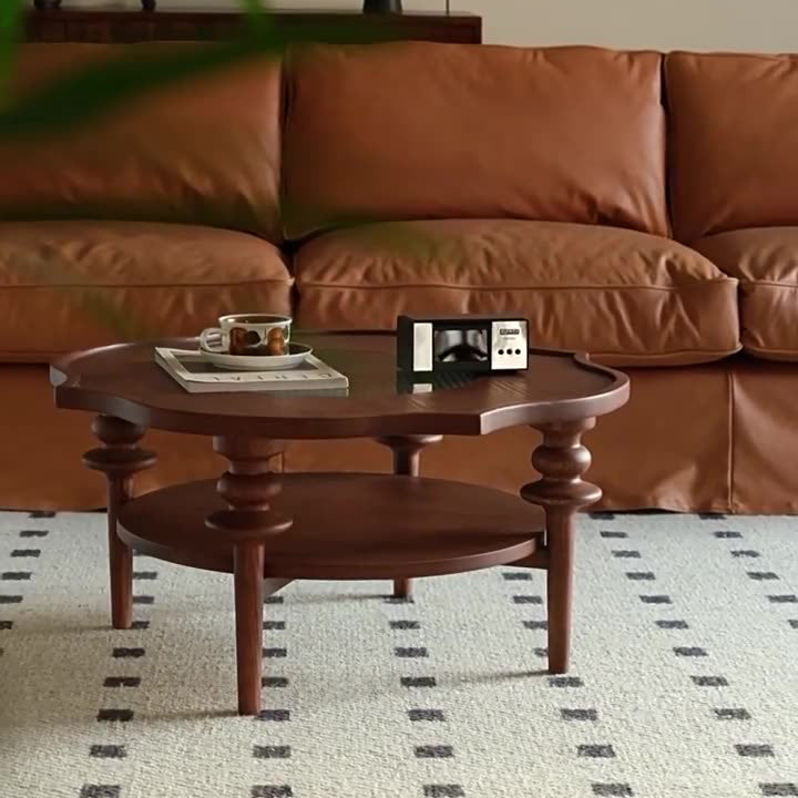 Mesa de centro de vidrio de dos niveles con forma tradicional francesa de pétalos redondos, de madera de caucho, para sala de estar 