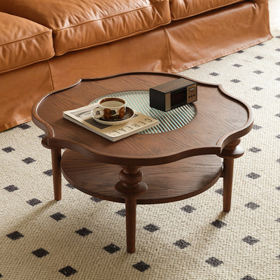 Traditional French Round Petal Shape Solid Wood Glass Coffee Table 2-Tier For Living Room