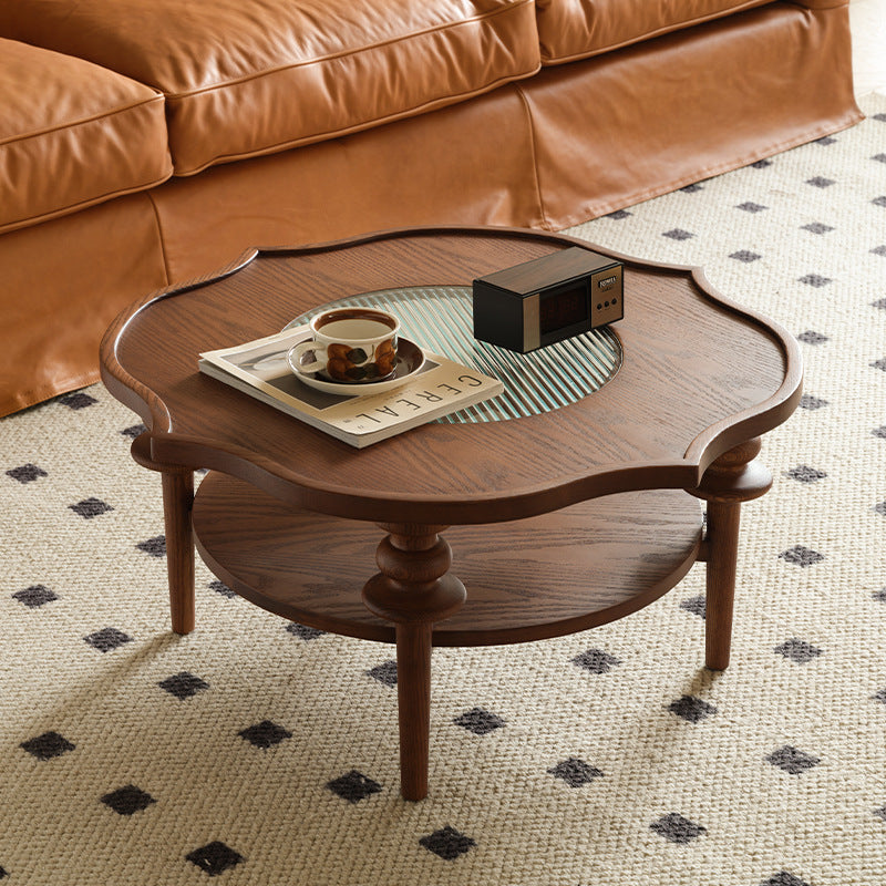 Traditional French Round Petal Shape Solid Wood Glass Coffee Table 2-Tier For Living Room