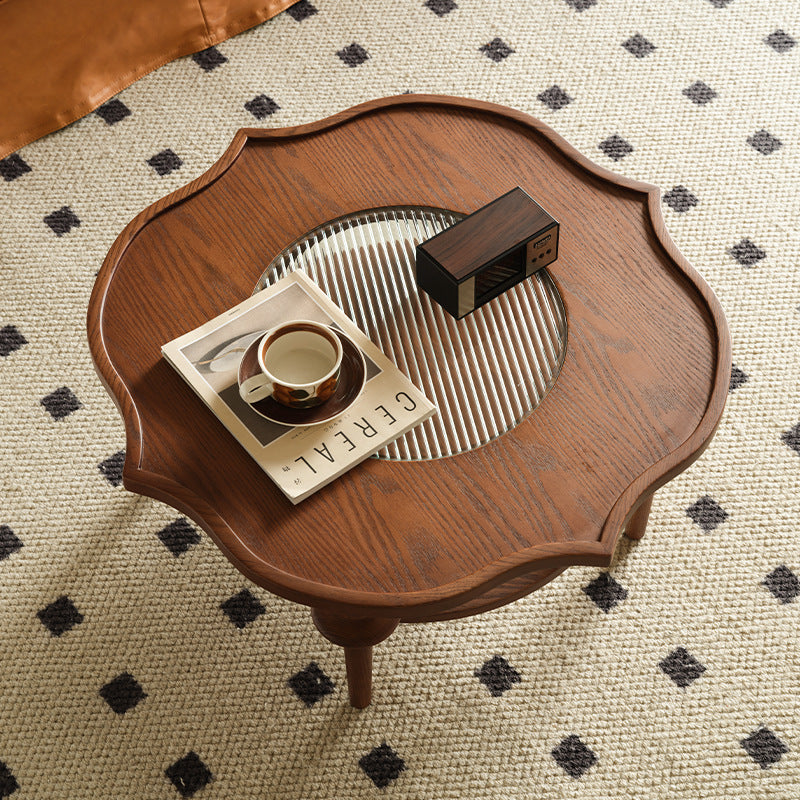 Traditional French Round Petal Shape Solid Wood Glass Coffee Table 2-Tier For Living Room