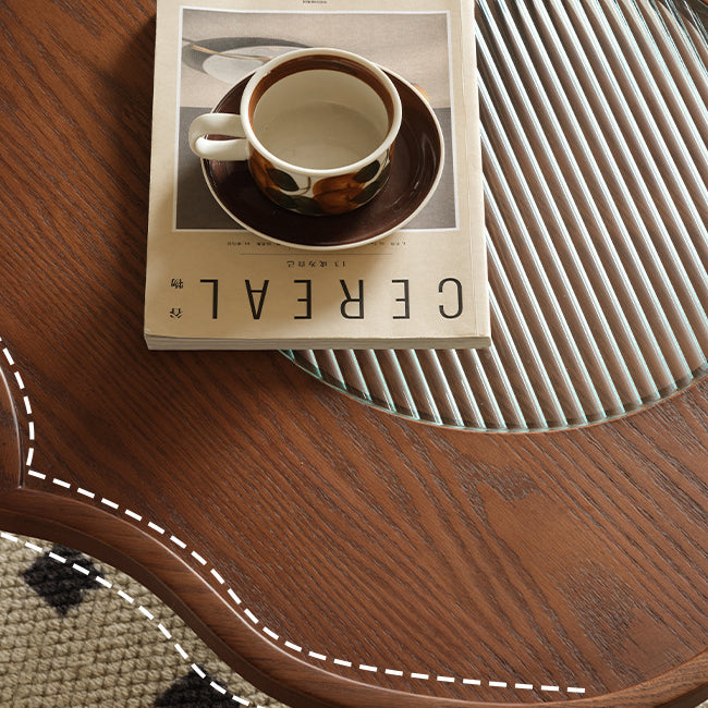 Table basse en bois massif de forme ronde traditionnelle à pétales avec verre à 2 niveaux pour salon 