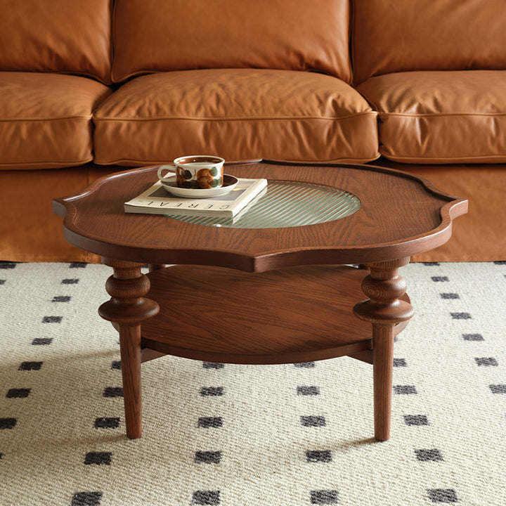 Mesa de centro de vidrio de dos niveles con forma tradicional francesa de pétalos redondos, de madera de caucho, para sala de estar 