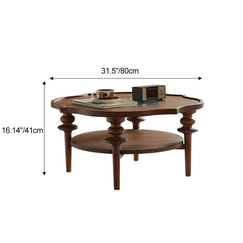 Traditional French Round Petal Shape Solid Wood Glass Coffee Table 2-Tier For Living Room