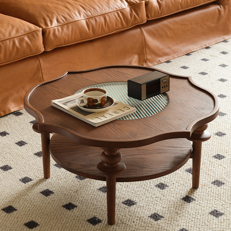 Table basse en bois massif de forme ronde traditionnelle à pétales avec verre à 2 niveaux pour salon 