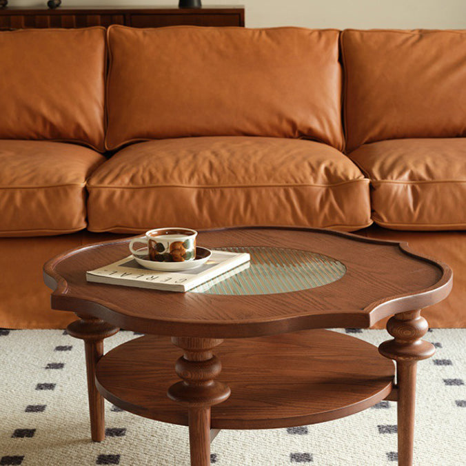 Table basse en bois massif de forme ronde traditionnelle à pétales avec verre à 2 niveaux pour salon 