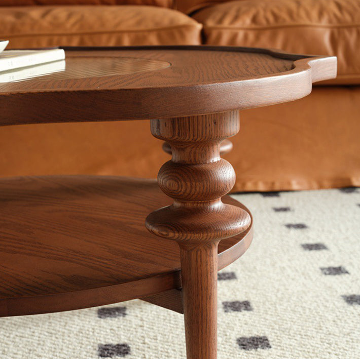 Table basse en bois massif de forme ronde traditionnelle à pétales avec verre à 2 niveaux pour salon 