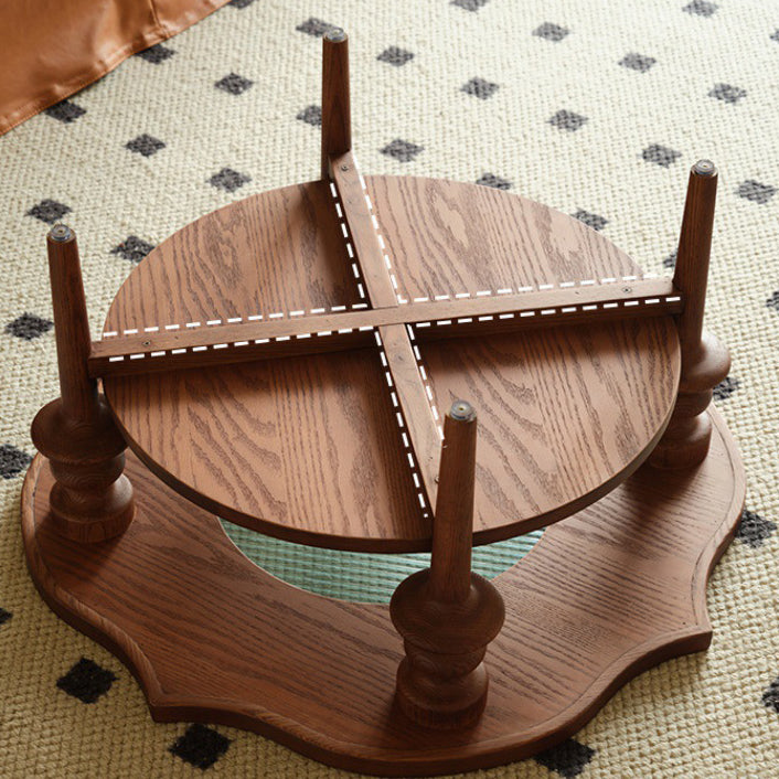 Table basse en bois massif de forme ronde traditionnelle à pétales avec verre à 2 niveaux pour salon 