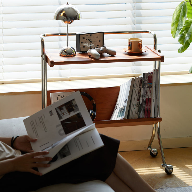 Moderner Mid-Century abnehmbarer rechteckiger Massivholz Edelstahl Beistelltisch mit 2 Ebenen für das Wohnzimmer 