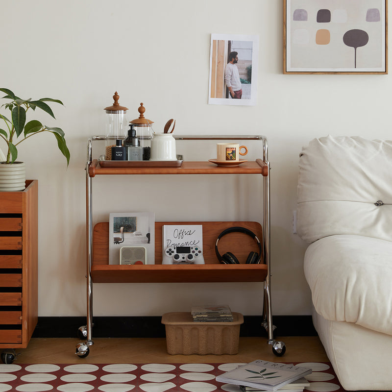 Moderner Mid-Century abnehmbarer rechteckiger Massivholz Edelstahl Beistelltisch mit 2 Ebenen für das Wohnzimmer 