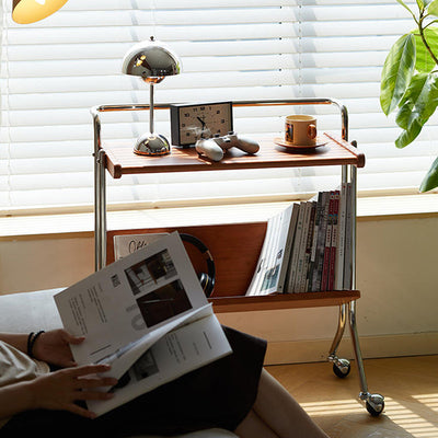 Moderner Mid-Century abnehmbarer rechteckiger Massivholz Edelstahl Beistelltisch mit 2 Ebenen für das Wohnzimmer 