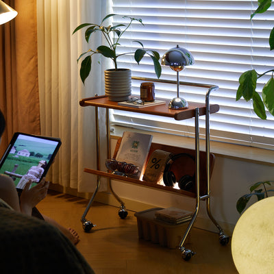 Moderner Mid-Century abnehmbarer rechteckiger Massivholz Edelstahl Beistelltisch mit 2 Ebenen für das Wohnzimmer 
