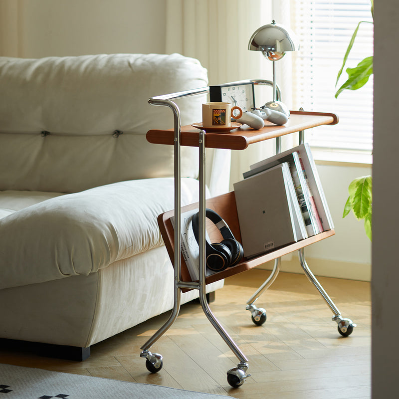 Moderner Mid-Century abnehmbarer rechteckiger Massivholz Edelstahl Beistelltisch mit 2 Ebenen für das Wohnzimmer 