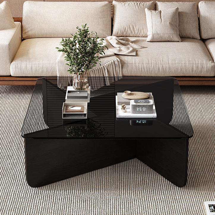 Contemporary Luxury Square Glass Solid Wood Interlocking Base Coffee Table For Living Room