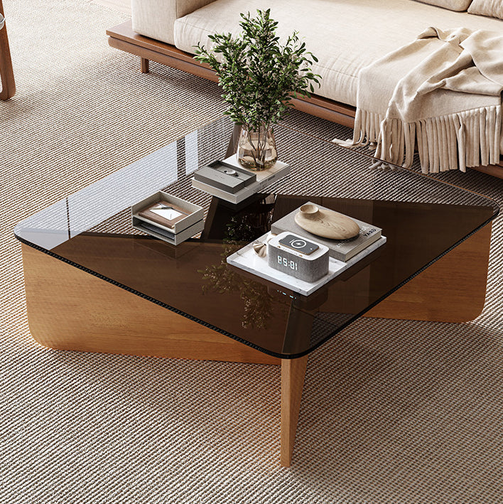 Contemporary Luxury Square Glass Solid Wood Interlocking Base Coffee Table For Living Room