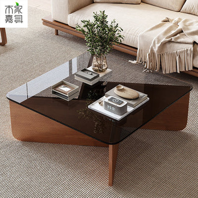 Contemporary Luxury Square Glass Solid Wood Interlocking Base Coffee Table For Living Room