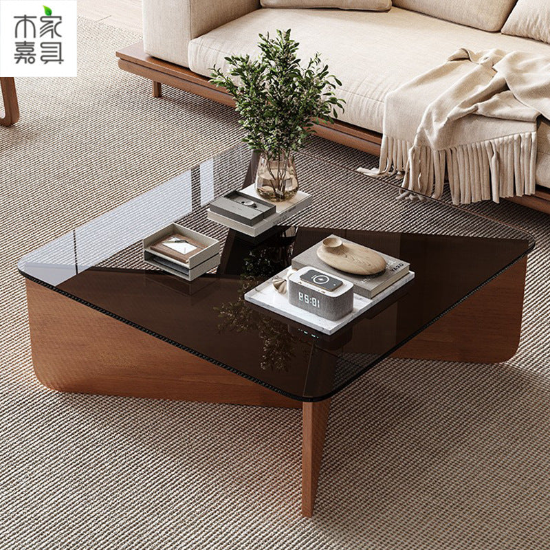Contemporary Luxury Square Glass Solid Wood Interlocking Base Coffee Table For Living Room