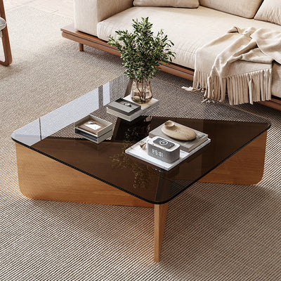 Contemporary Luxury Square Glass Solid Wood Interlocking Base Coffee Table For Living Room
