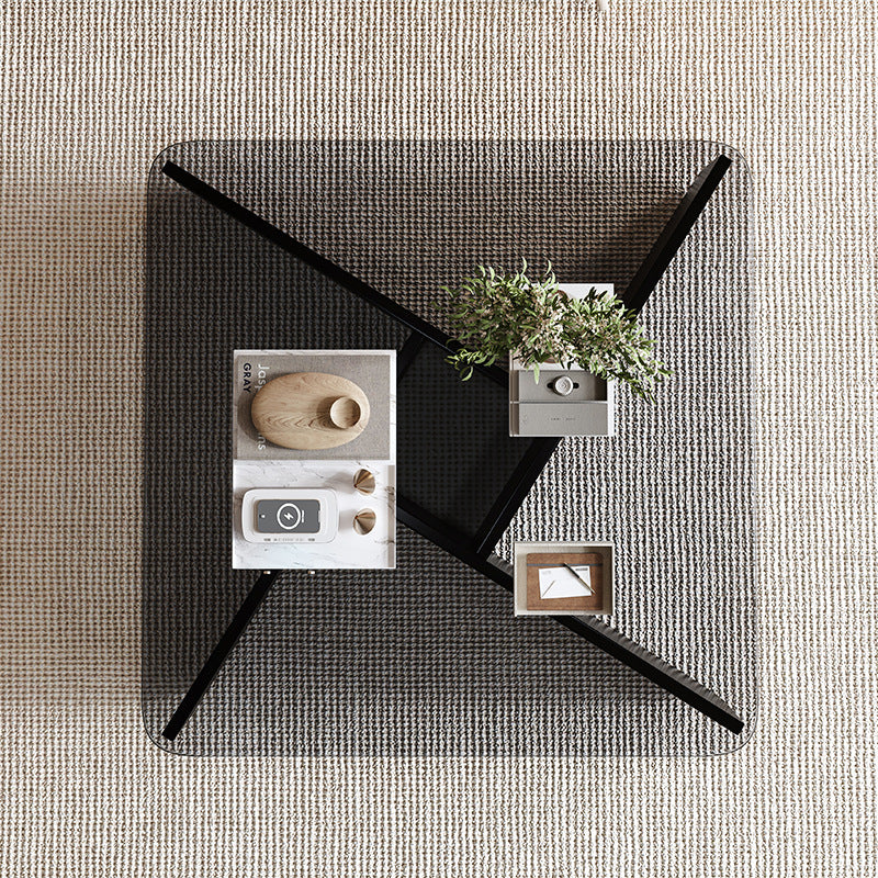 Contemporary Luxury Square Glass Solid Wood Interlocking Base Coffee Table For Living Room