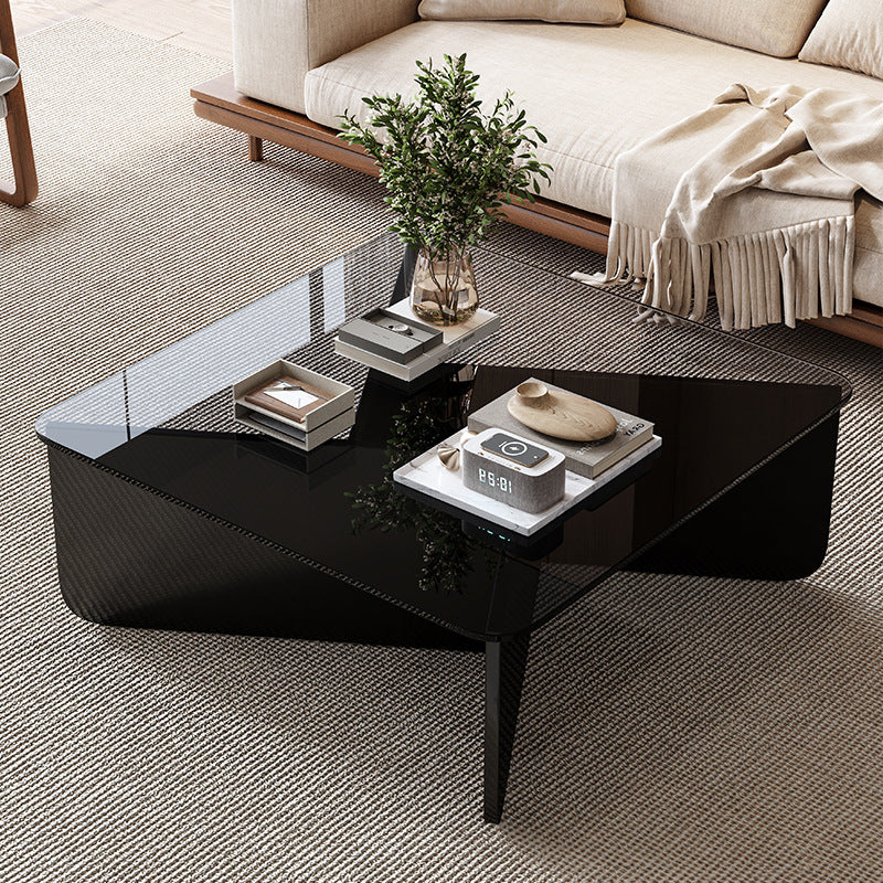Contemporary Luxury Square Glass Solid Wood Interlocking Base Coffee Table For Living Room