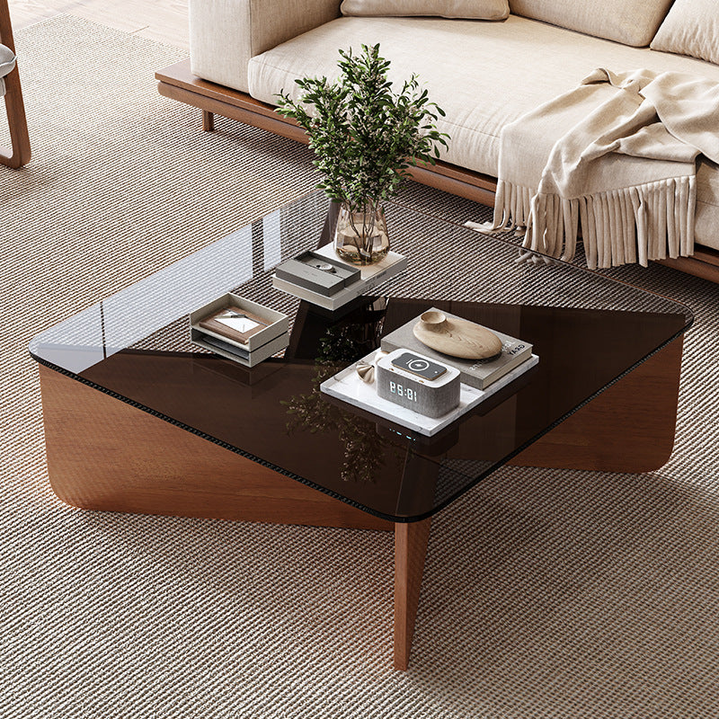 Contemporary Luxury Square Glass Solid Wood Interlocking Base Coffee Table For Living Room