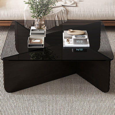 Contemporary Luxury Square Glass Solid Wood Interlocking Base Coffee Table For Living Room