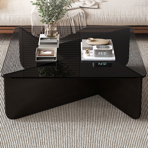 Contemporary Luxury Square Glass Solid Wood Interlocking Base Coffee Table For Living Room