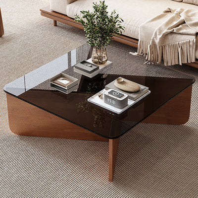 Contemporary Luxury Square Glass Solid Wood Interlocking Base Coffee Table For Living Room