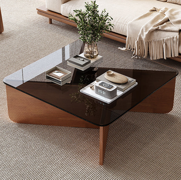 Contemporary Luxury Square Glass Solid Wood Interlocking Base Coffee Table For Living Room