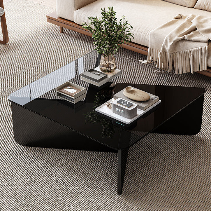 Contemporary Luxury Square Glass Solid Wood Interlocking Base Coffee Table For Living Room